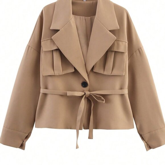 Khaki Casual Elegant Women's Loose Jacket - Picture 6 of 7